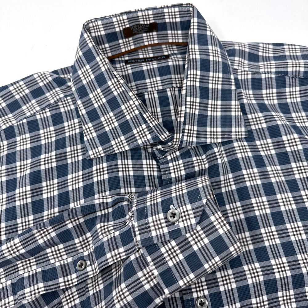 Peter Millar Mens 100% Cotton Long Sleeve Button‎ Up Shirt Blue Brown Plaid XL